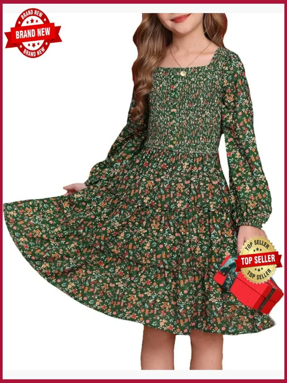 Girls Long Sleeve Square Neck Smock Tiered Floral Dress Size 5-14